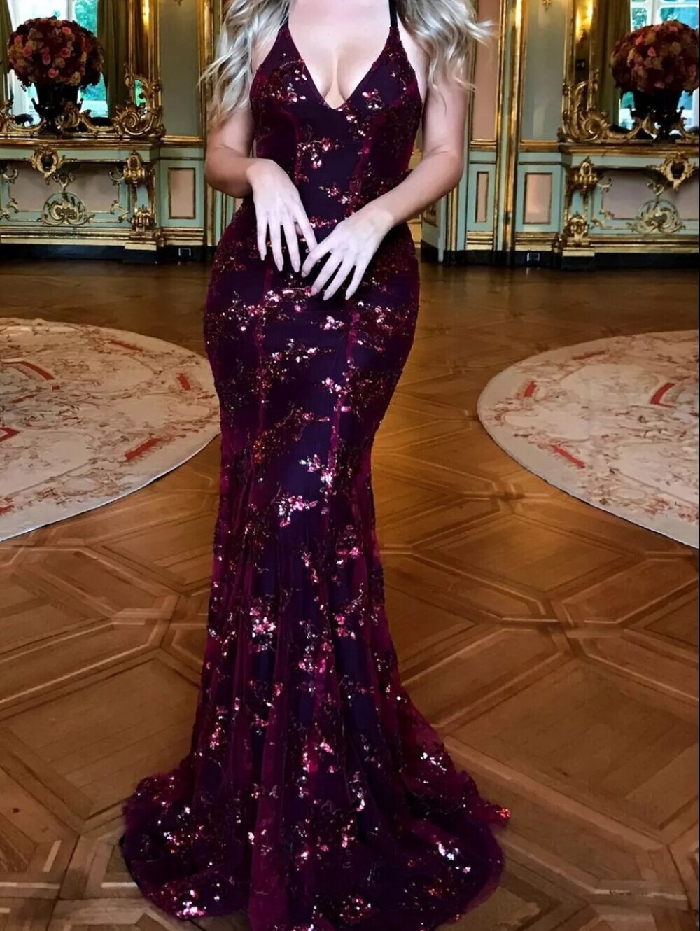 Full Size Sequin Tie Back V-Neck Maxi Dress Plus Size